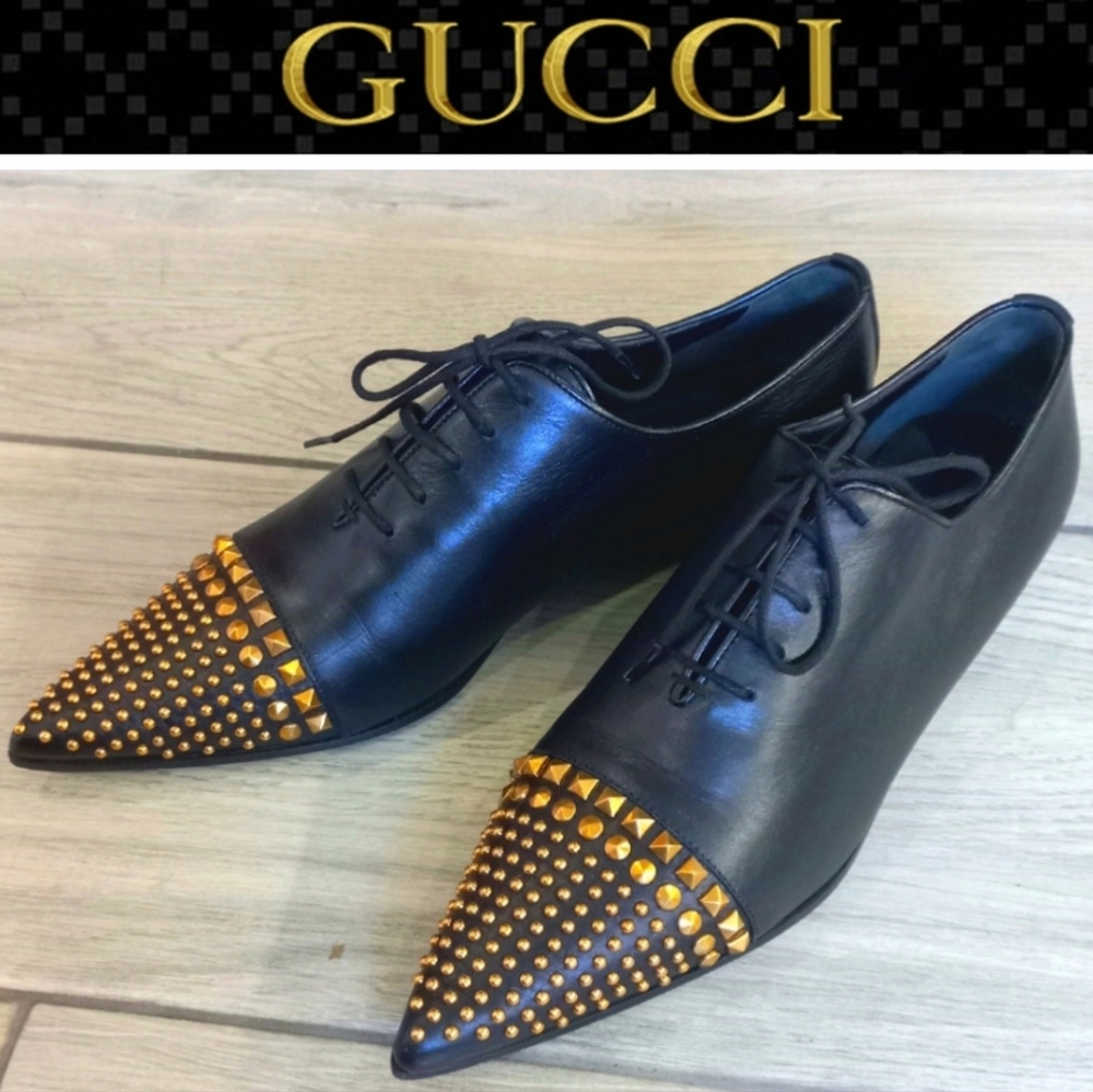 Host Pick💗GUCCI Black Leather Studded Pointed Toe Loafers Size 37.5